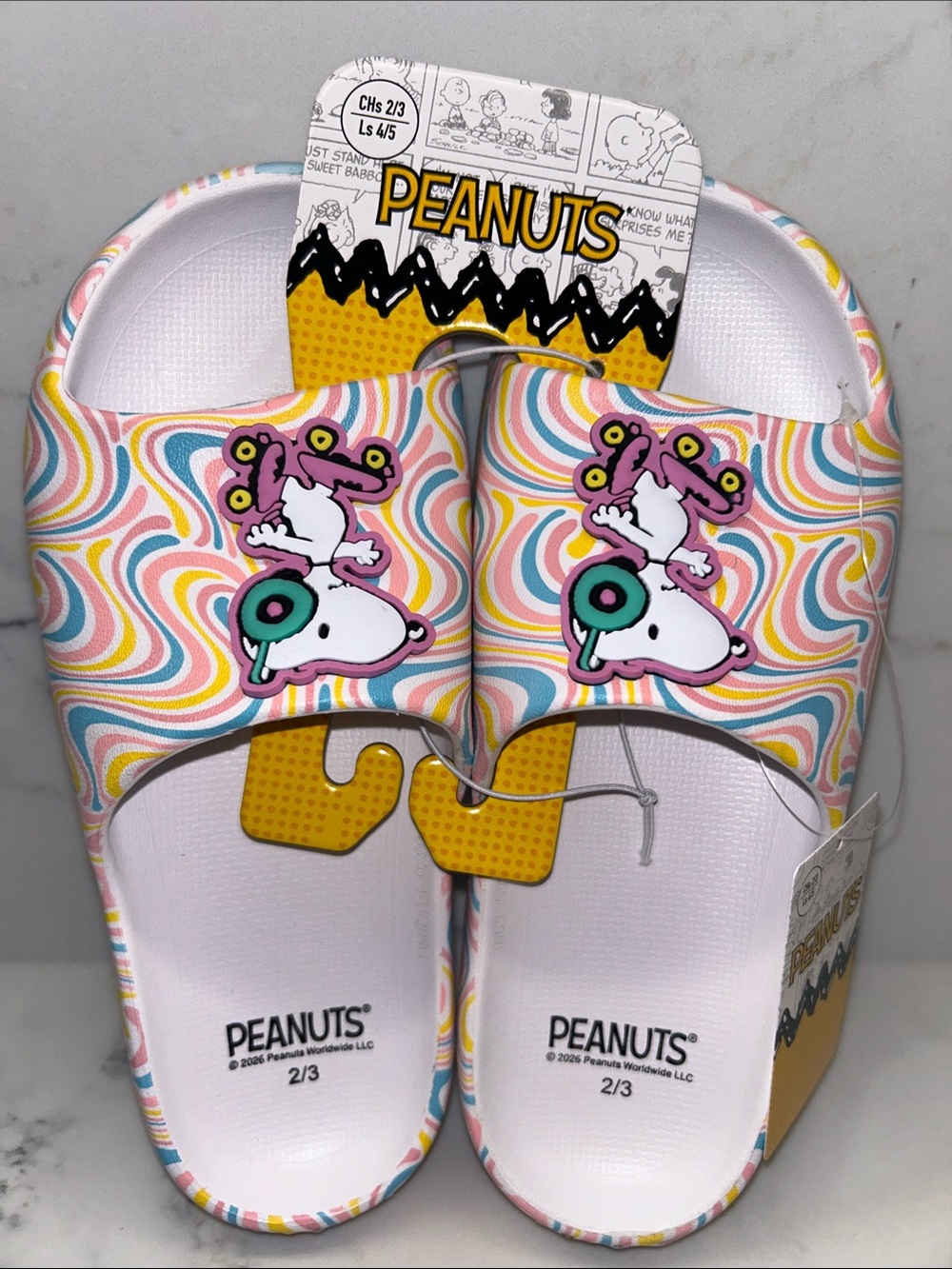 Peanuts Snoopy Slippers Kids Rainbow Swirl Size 2/3 Open Toe Slides